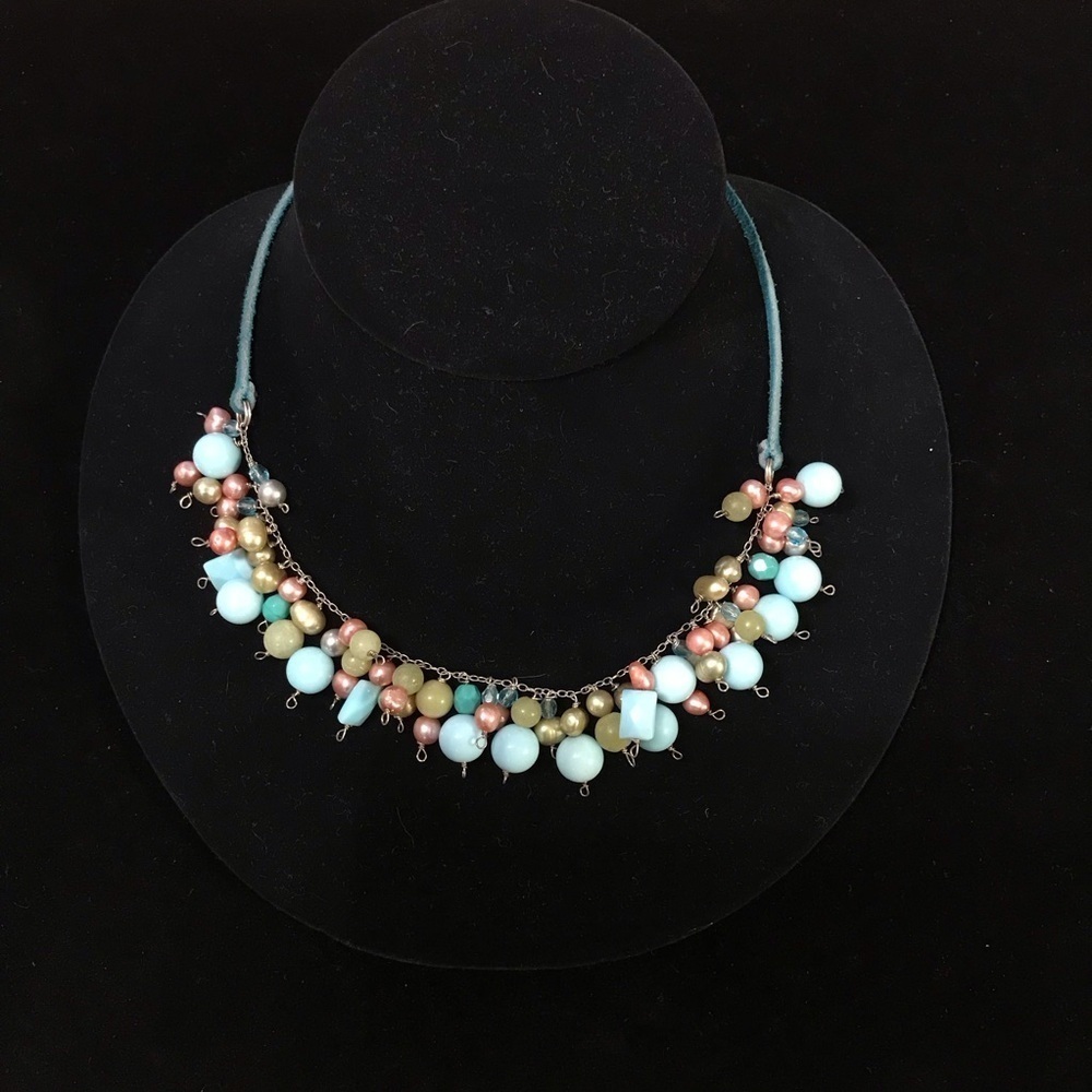 Beaded Stone and Crystal Leather Choker Necklace